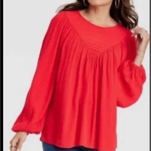 Knox Rose Bright Red Peasant Blouse with Balloon Sleeves